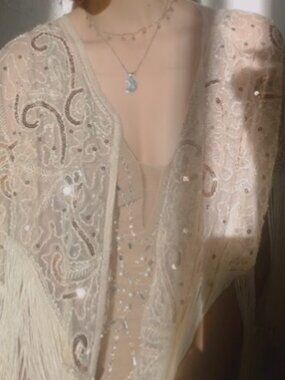 Beaded Fringe Shawl Cream Boho Western Festival Vintage Style 1920s Flapper